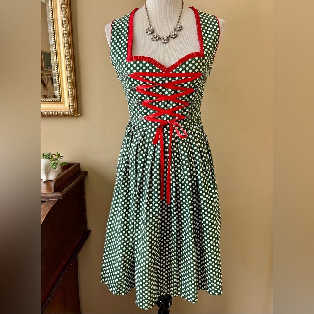 Green Polka Dot Dirndl Dress Bavarian Corset Lace-Up Size 36 - Picture 3 of 10